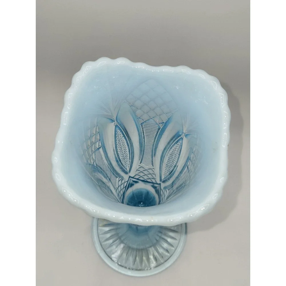 Mosser‎ 1970s Aqua Opalescent Glass Vase Diamond Pattern Pedestal Vase 10